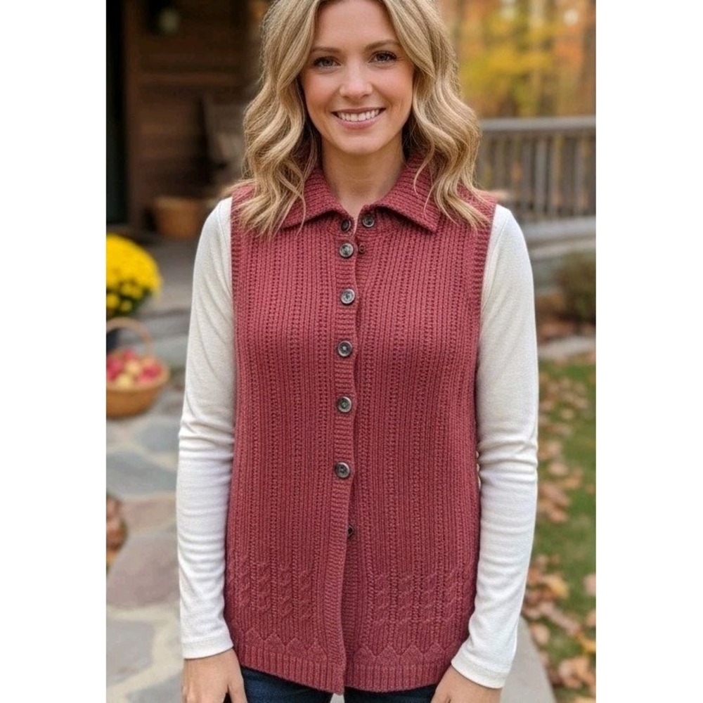 Woolrich Lambs Wool Knit Button Up Vest Top Women's Large Red Sleeveless Preppy